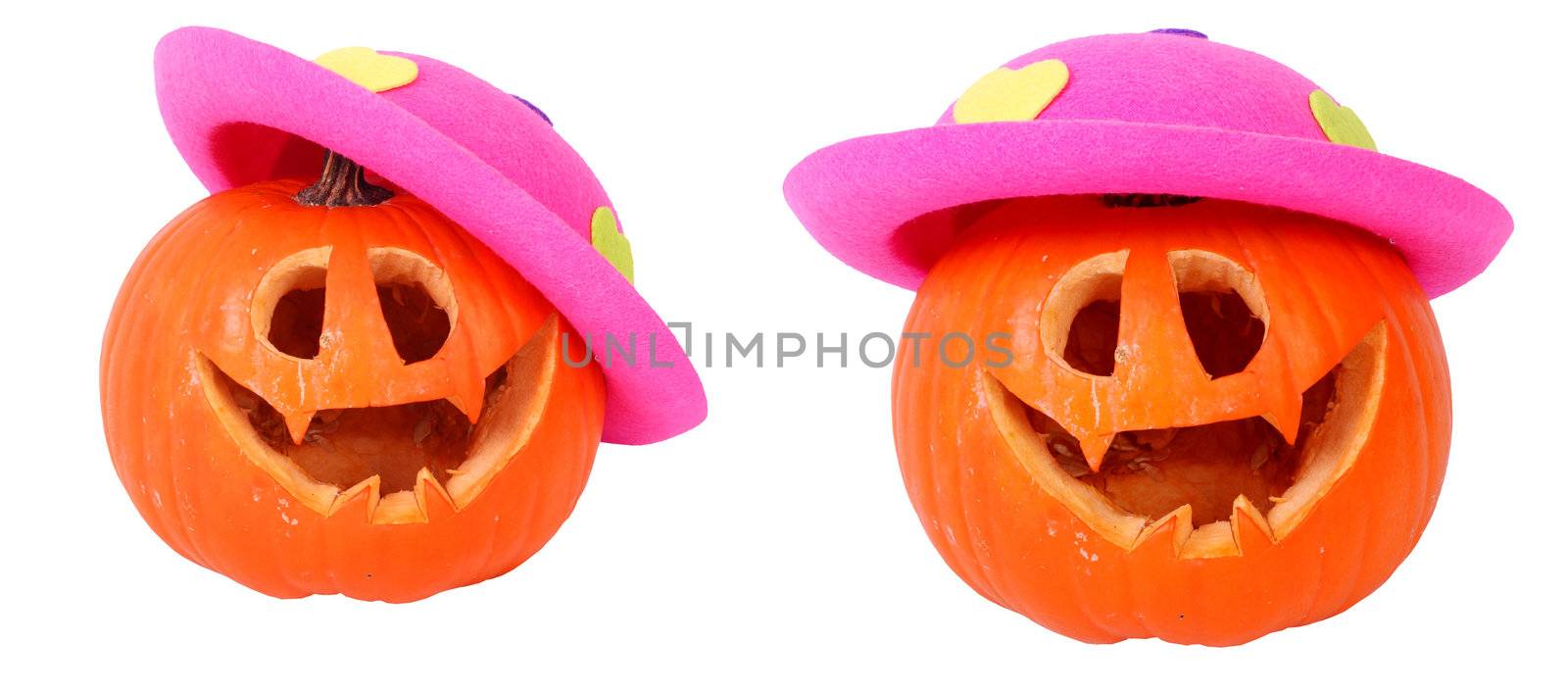 Helloween pumpkin with pink head, isolated on background