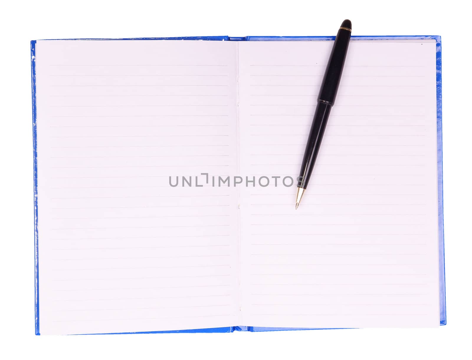 Blue notebook with pen, isolated on background