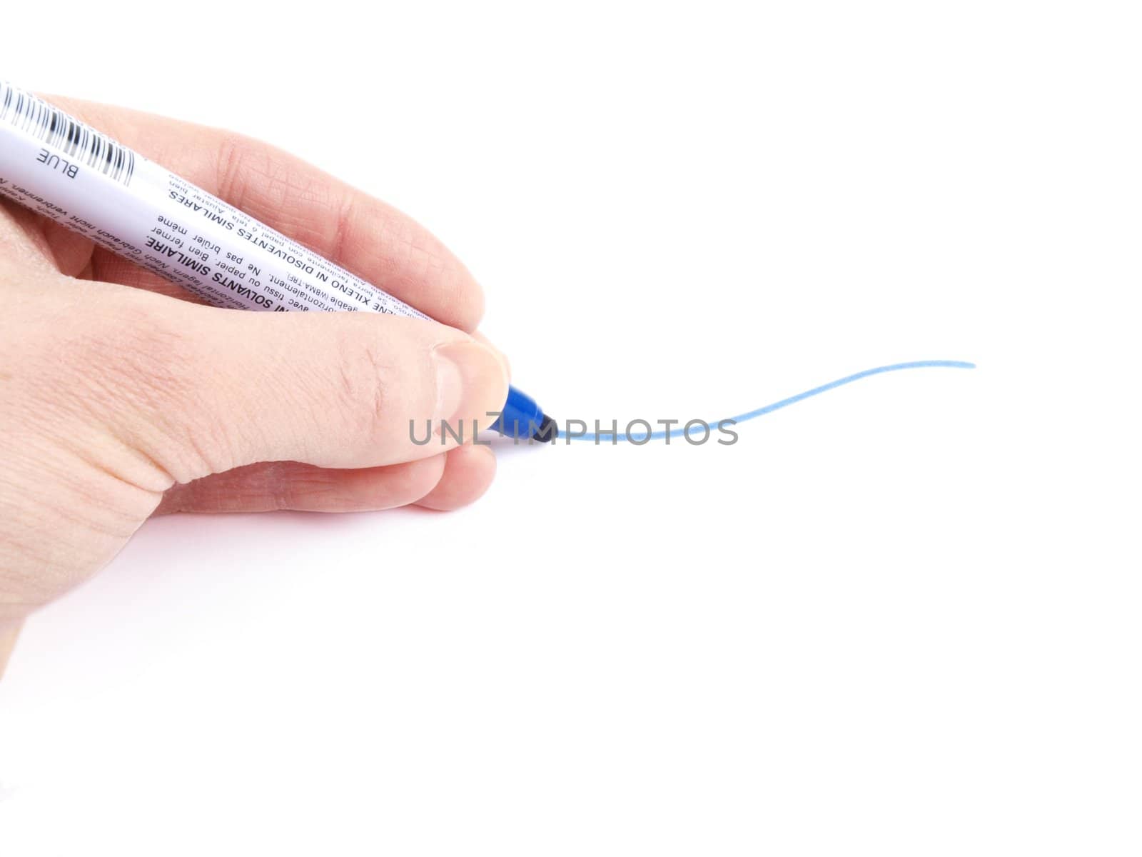 Someone drawing a waved shaped blue line against white