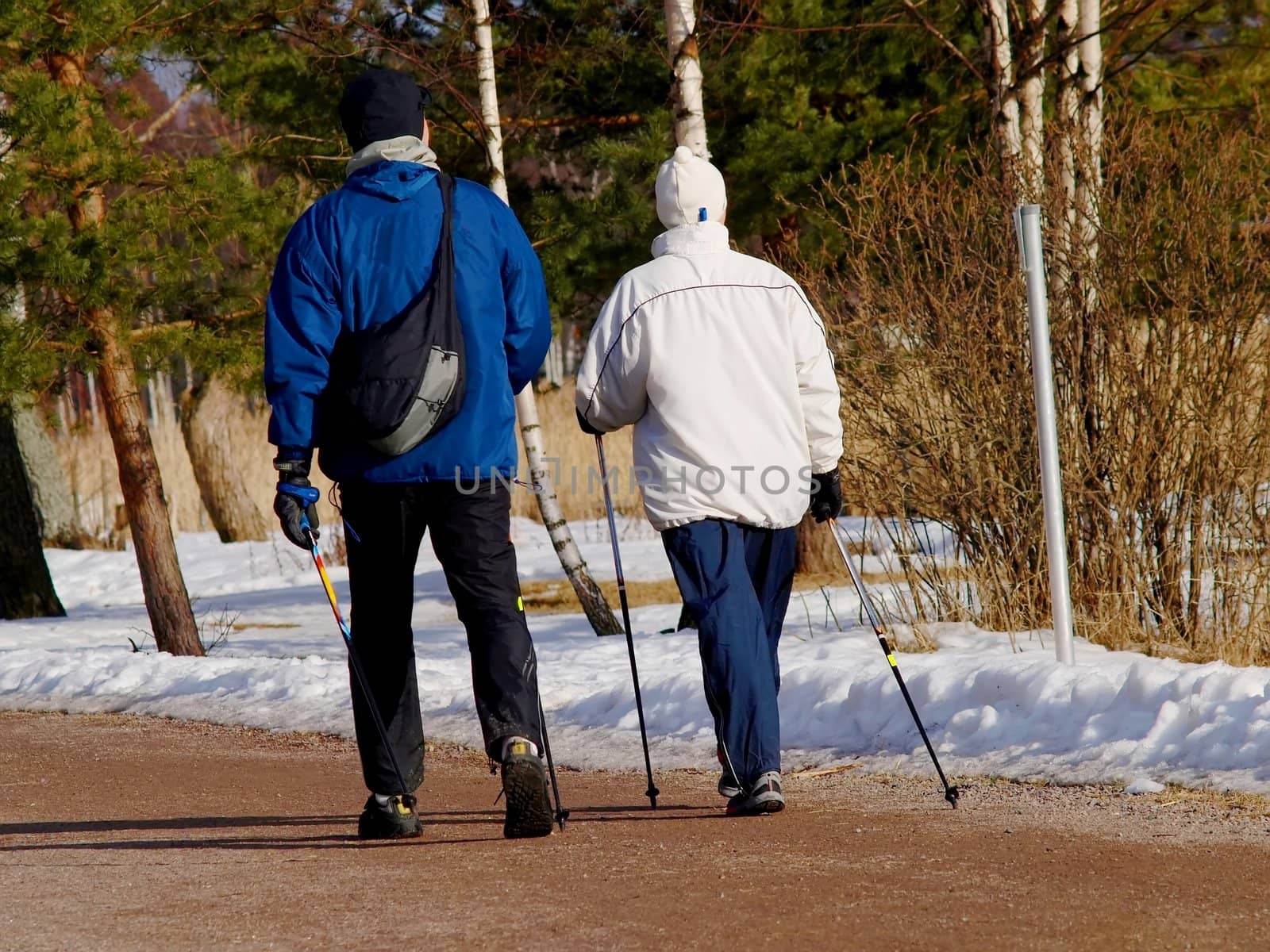A couple speed walking with sticks on a gravel road at spring