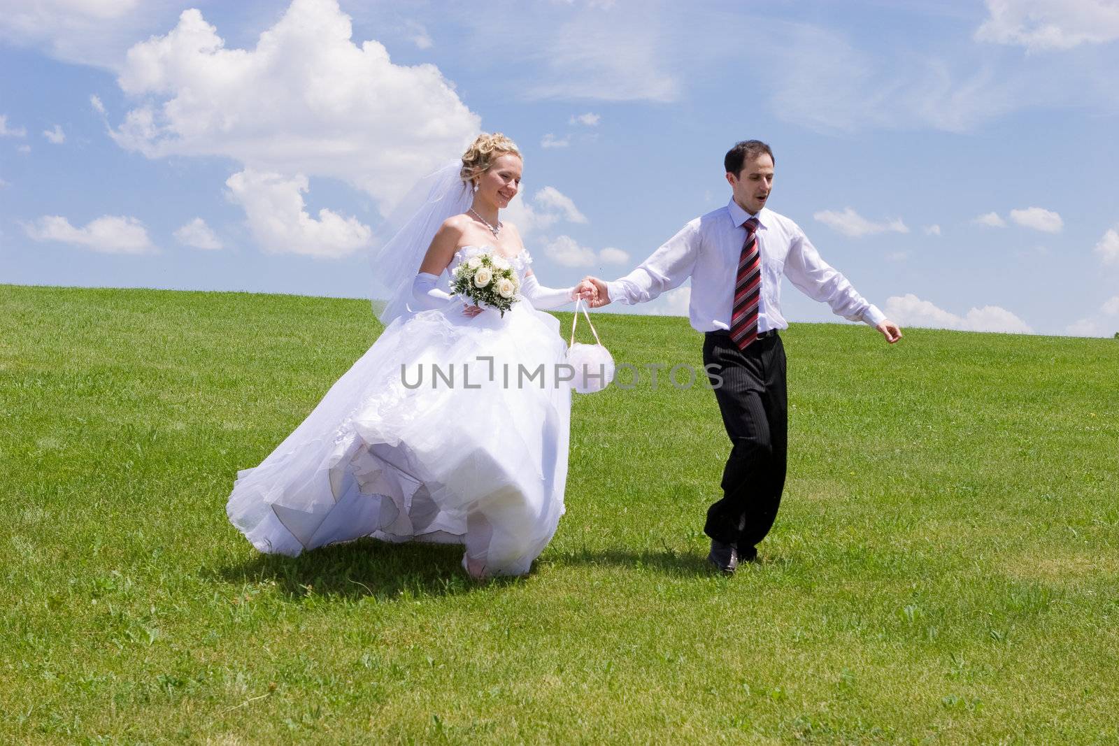 bride and groom are walking in the park