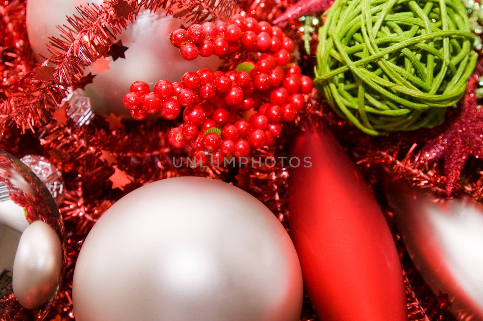  xmas decoration ornaments in silver and green and red  