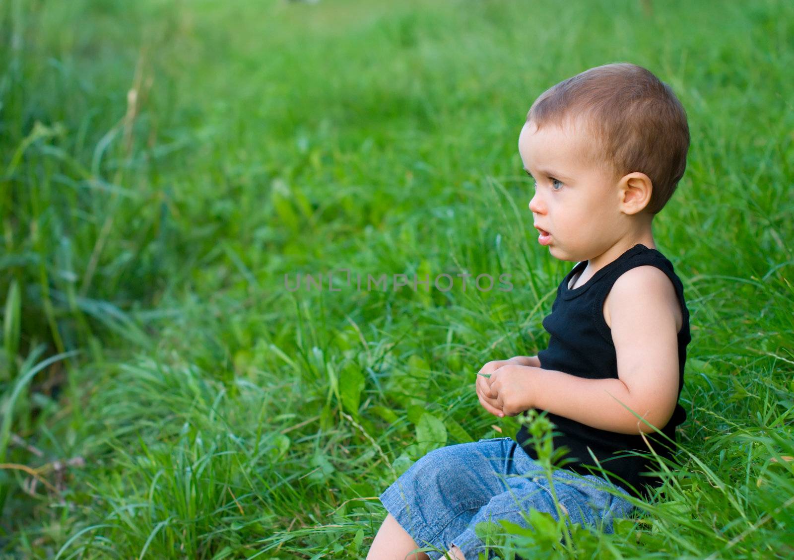 Boy sitting in a green grass