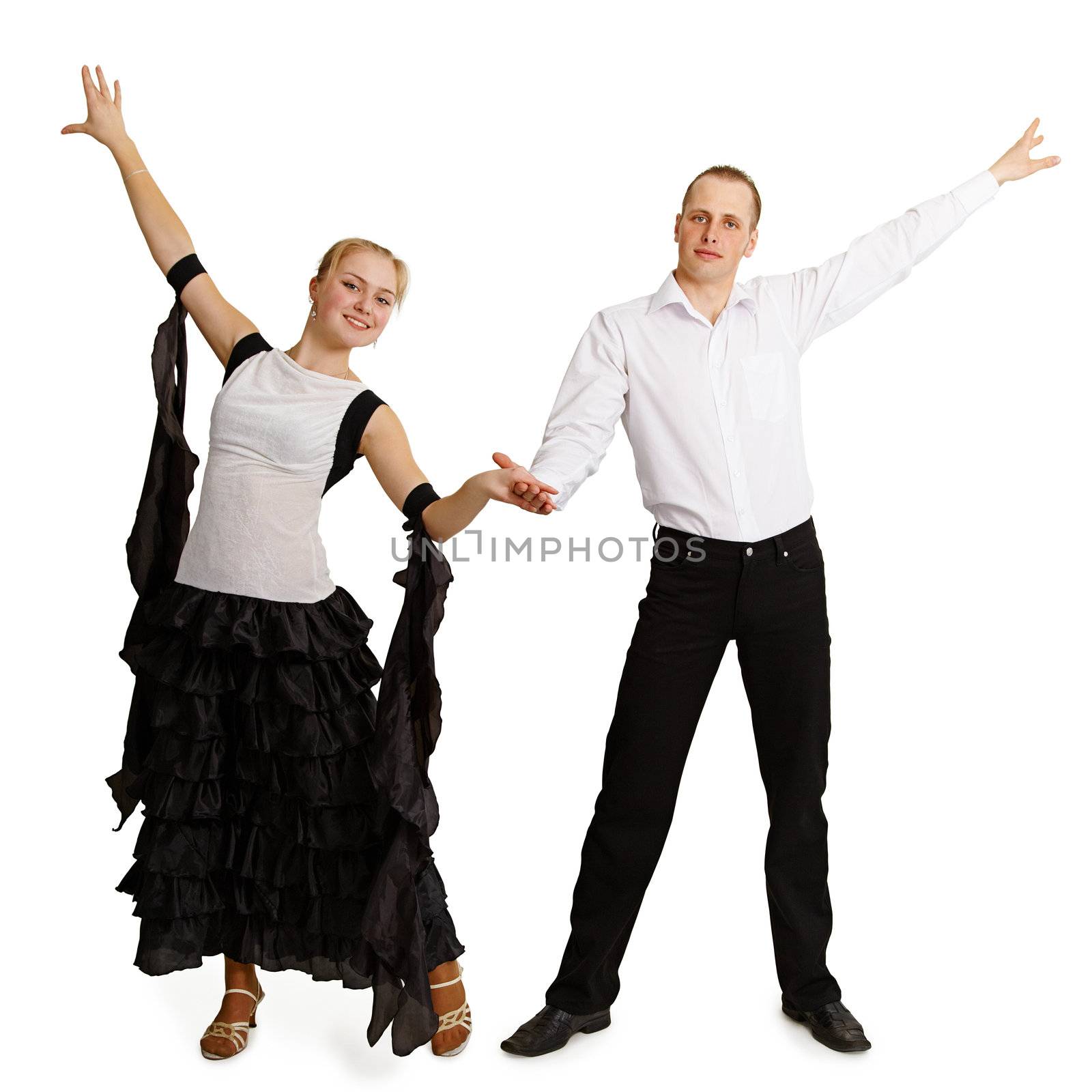 A pair of professional dancers finished dancing isolated on white background