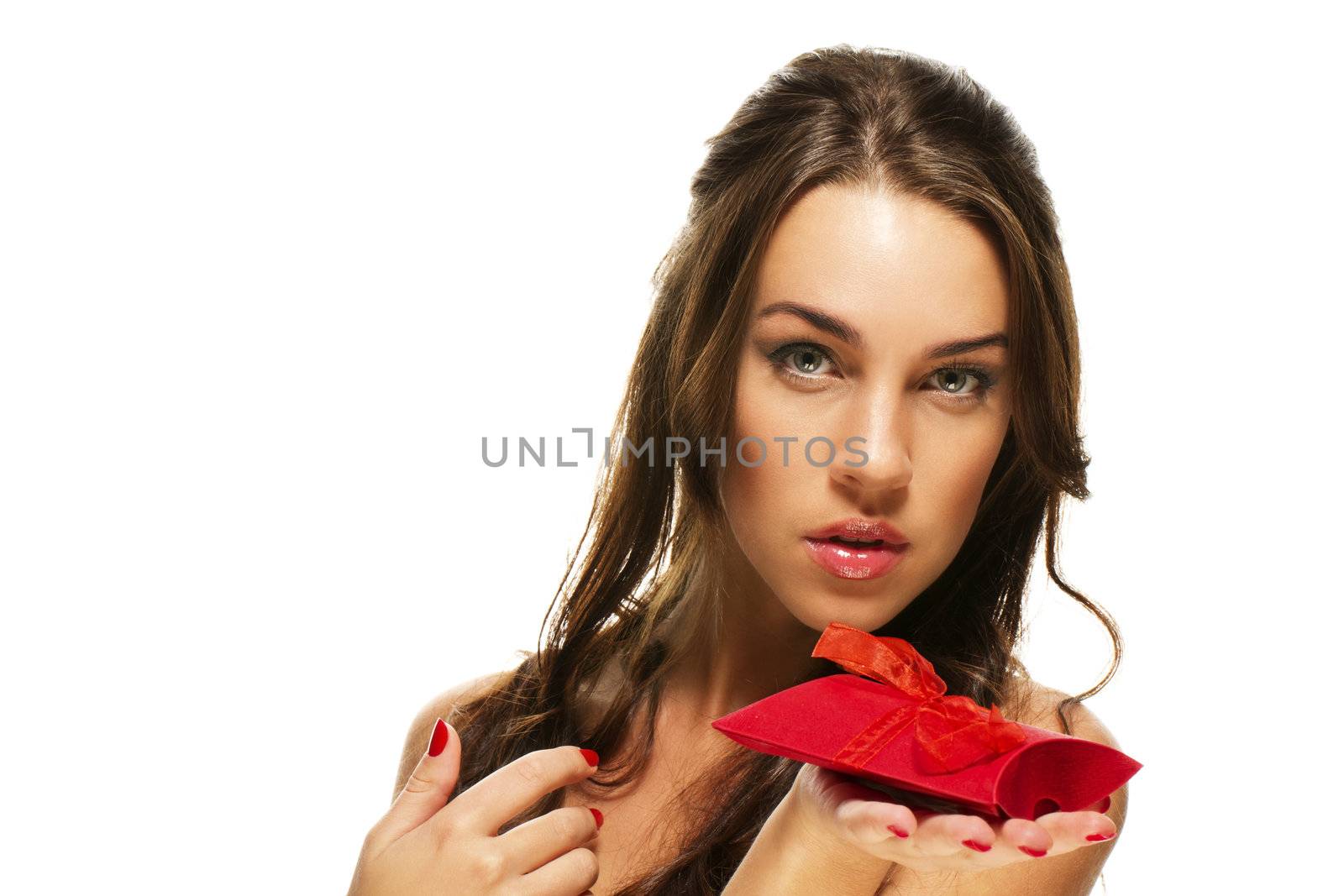 beautiful woman holding present on white background