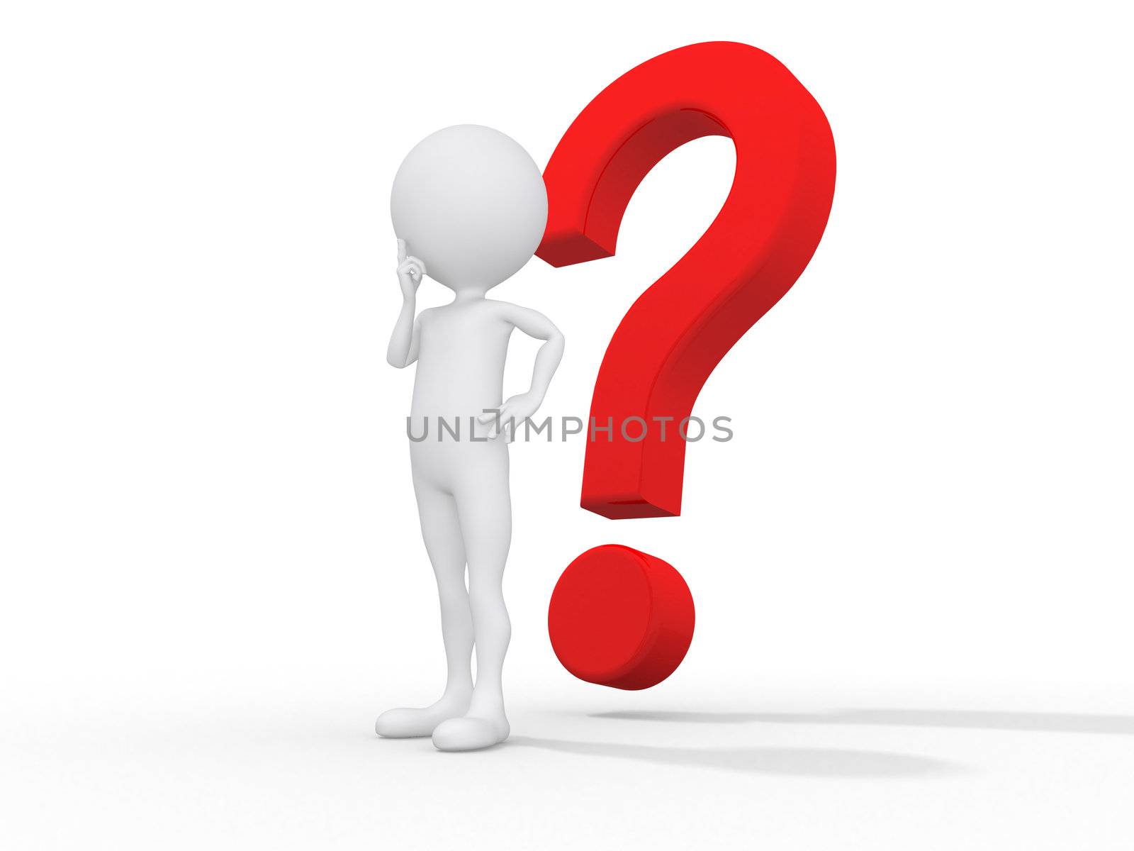 3d guy thinking in front of a big question mark - Isolated