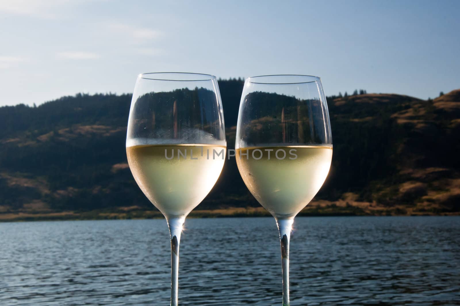 two glasses of white wine side by side with a lake in the background