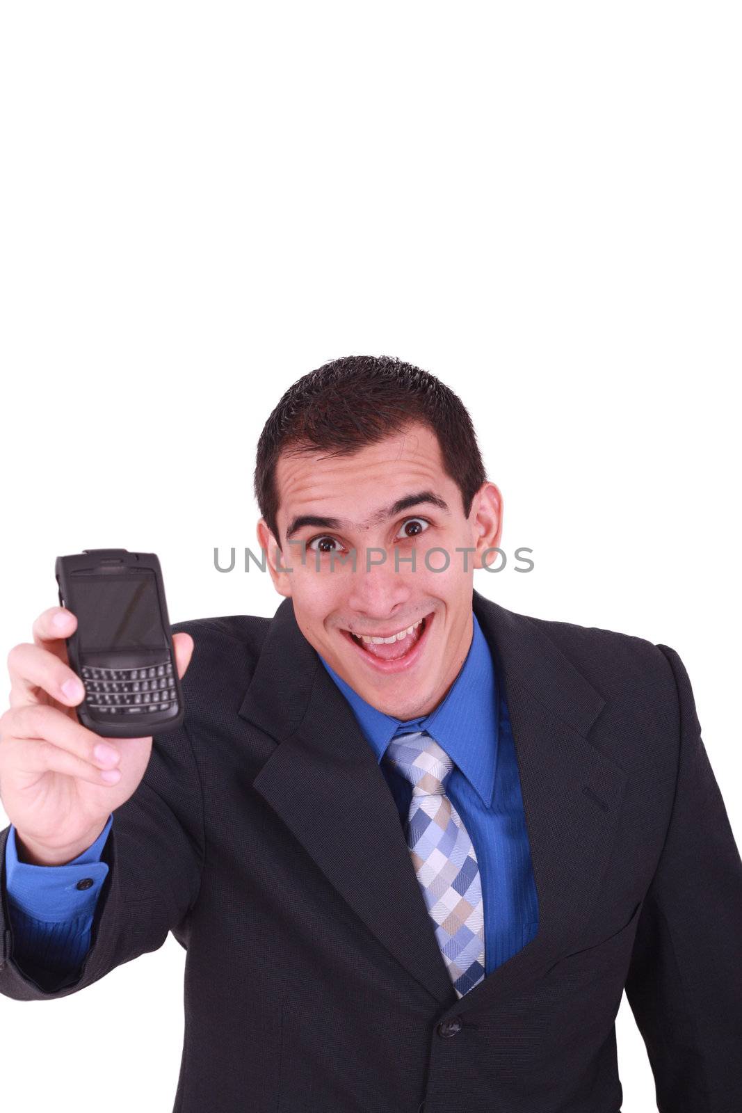 isolated business male holding a cell phone for communication.