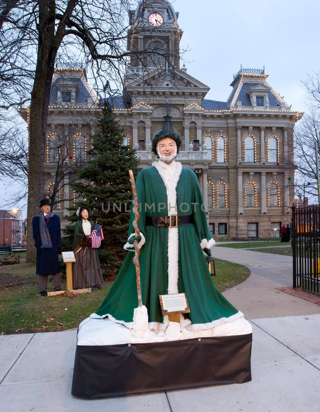 CAMBRIDGE, OHIO - NOVEMBER 24: Christmas lighting on the old Court House building in Cambridge Ohio on November 24, 2011. This annual event uses Dickens characters on the main street.