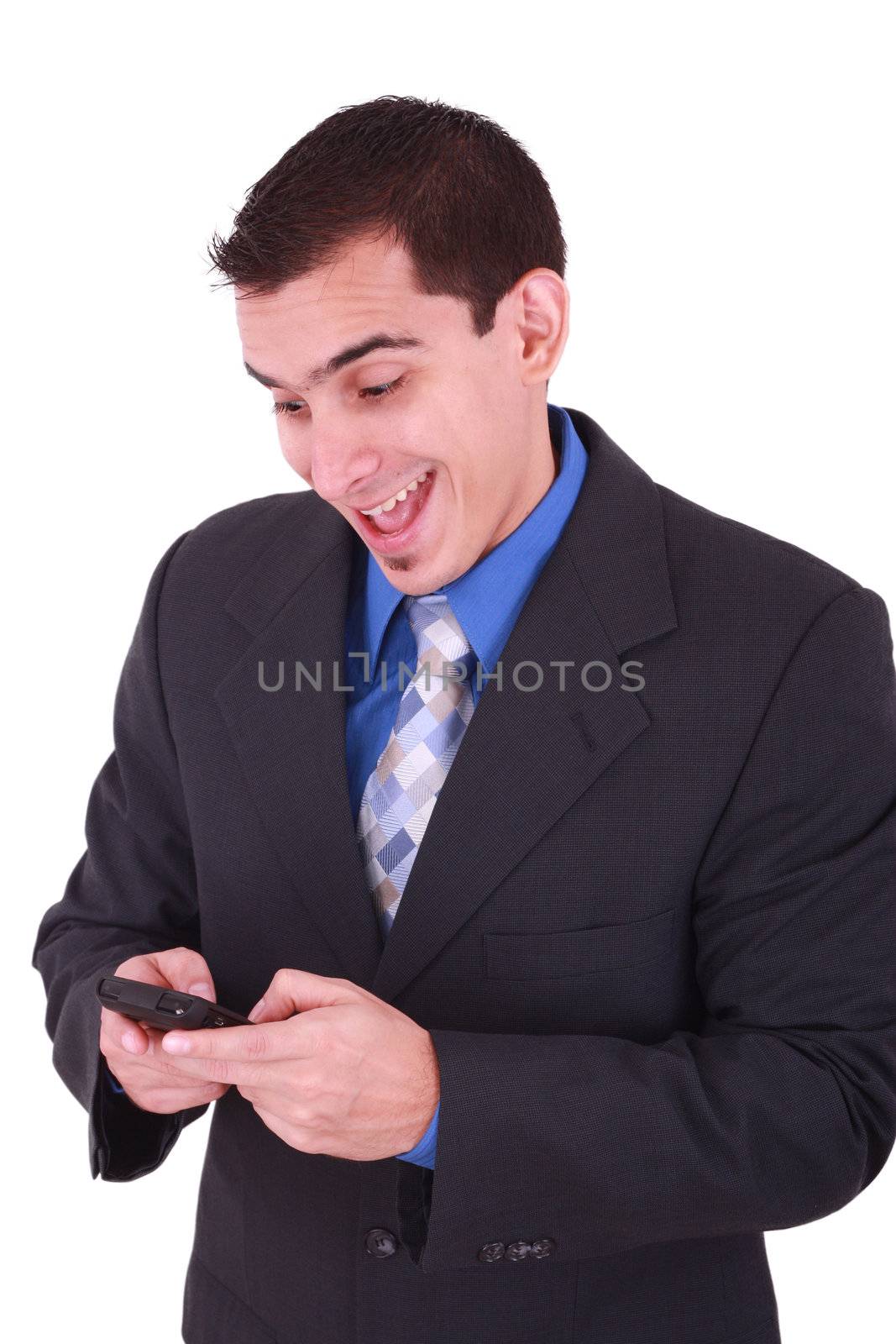 young and smiling man looking at his cellphone