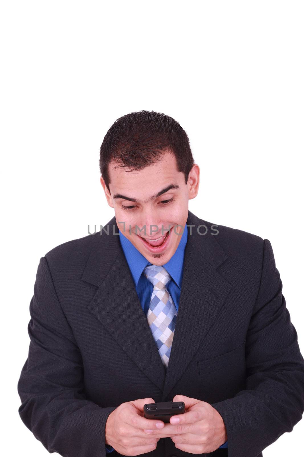 businessman sending a message against a white background