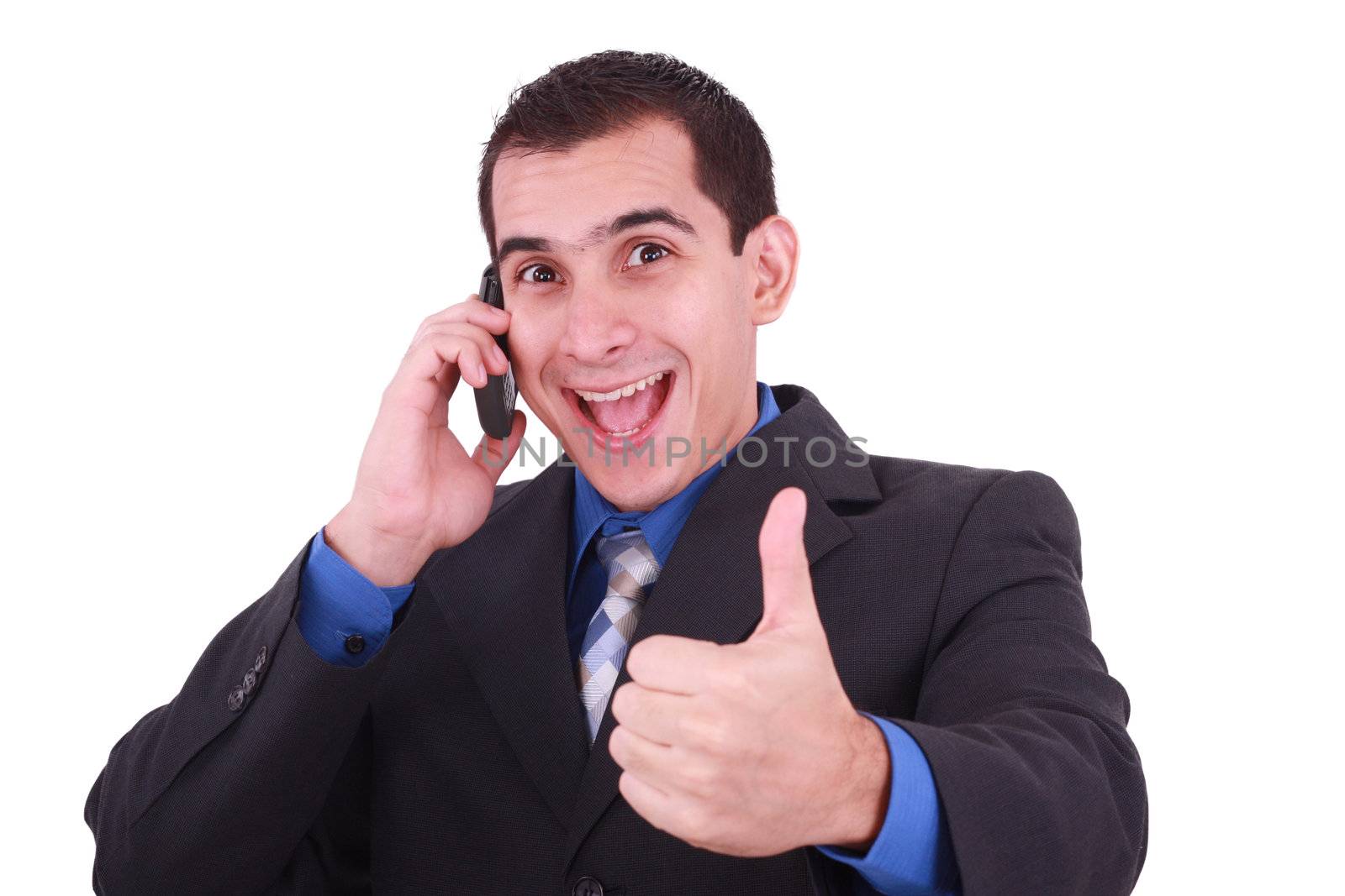 Isolated Image of a Handsome Hispanic Businessman Giving Thumbs Up - White Background