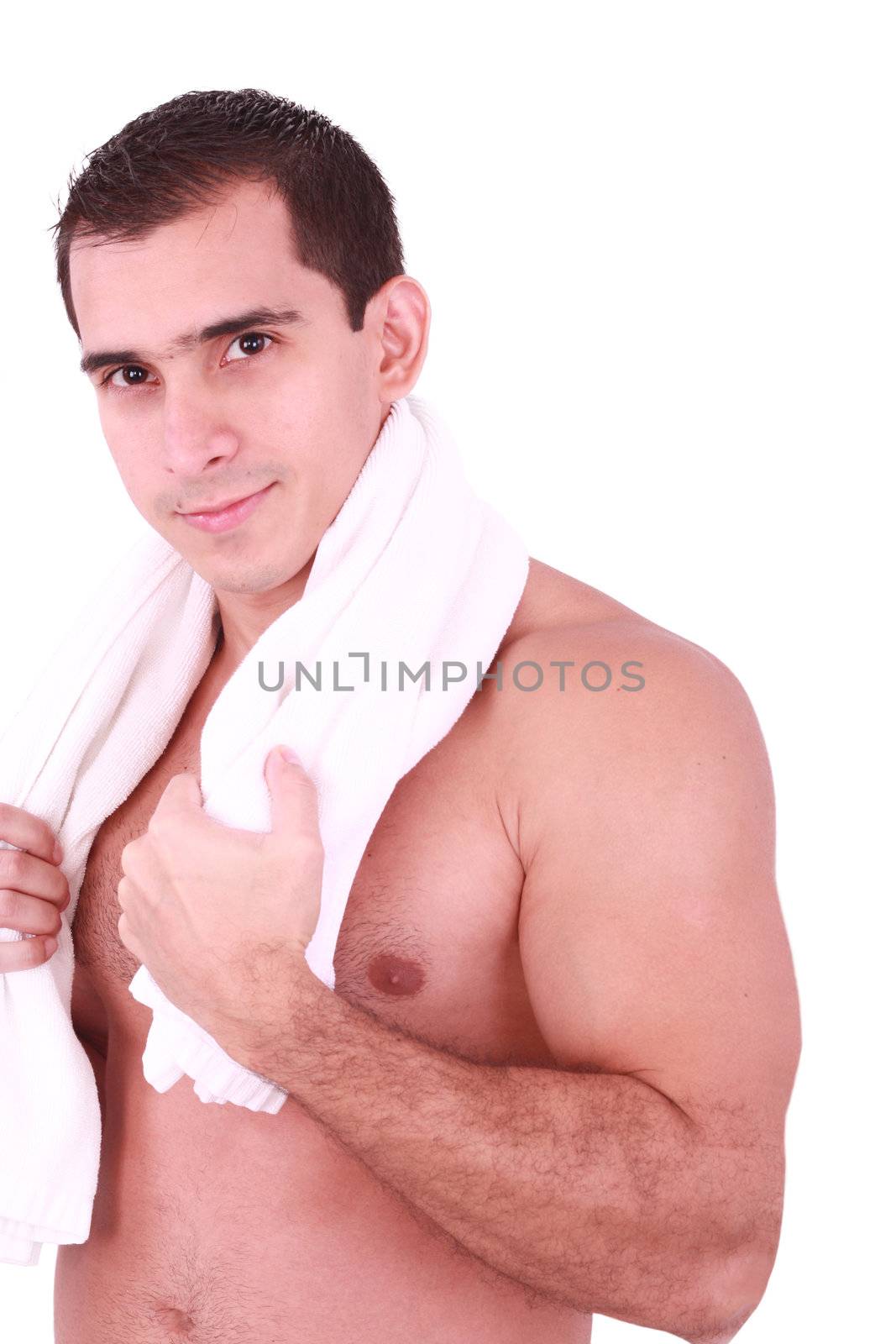 Smart cute attractive guy toweling hair and body skin by dacasdo