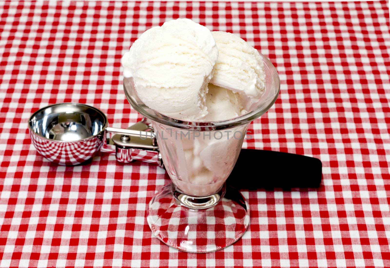 Vanilla ice cream and scoop on table with red gingham table cloth.