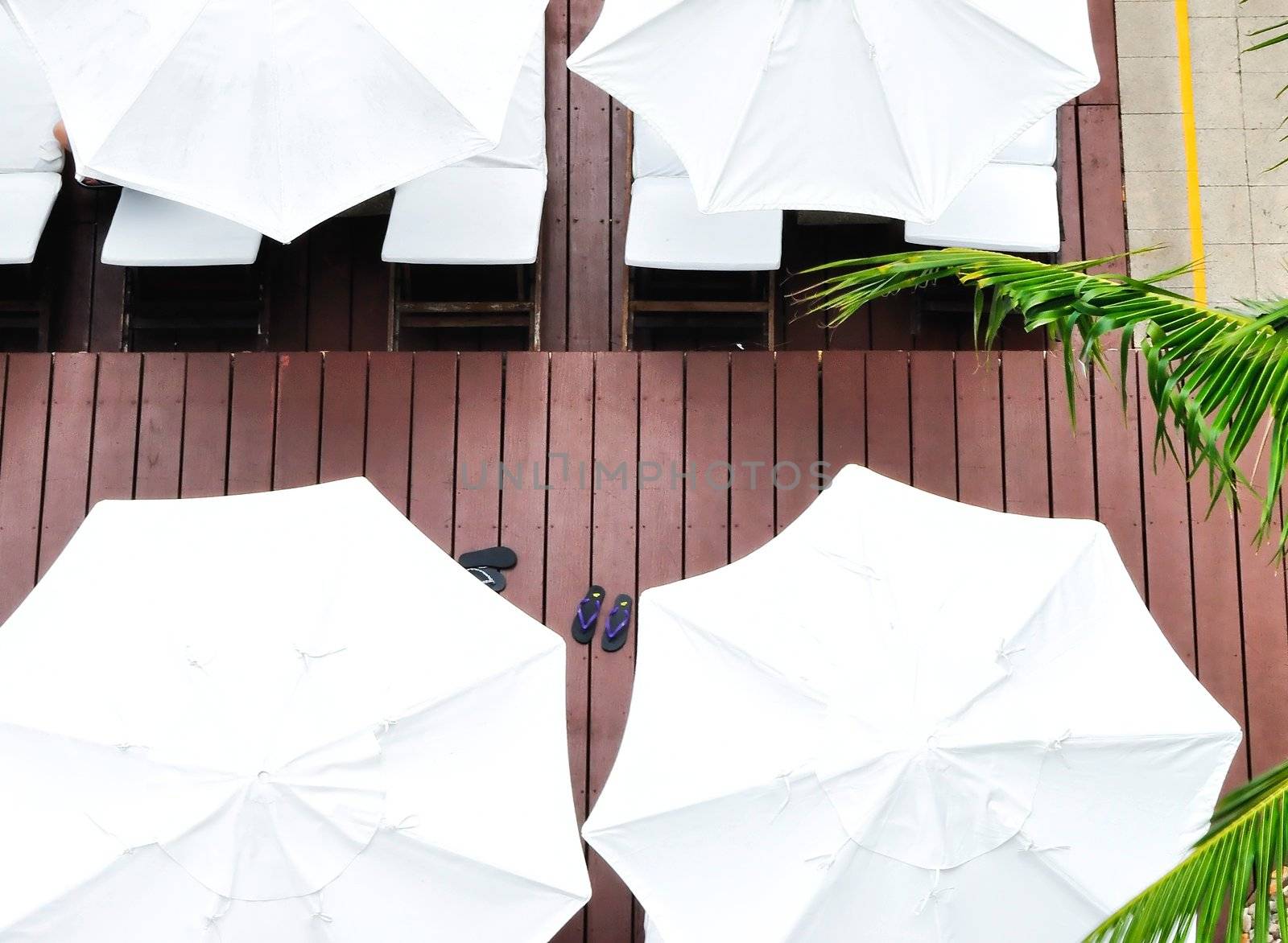 White sun umbrellas in the hotel