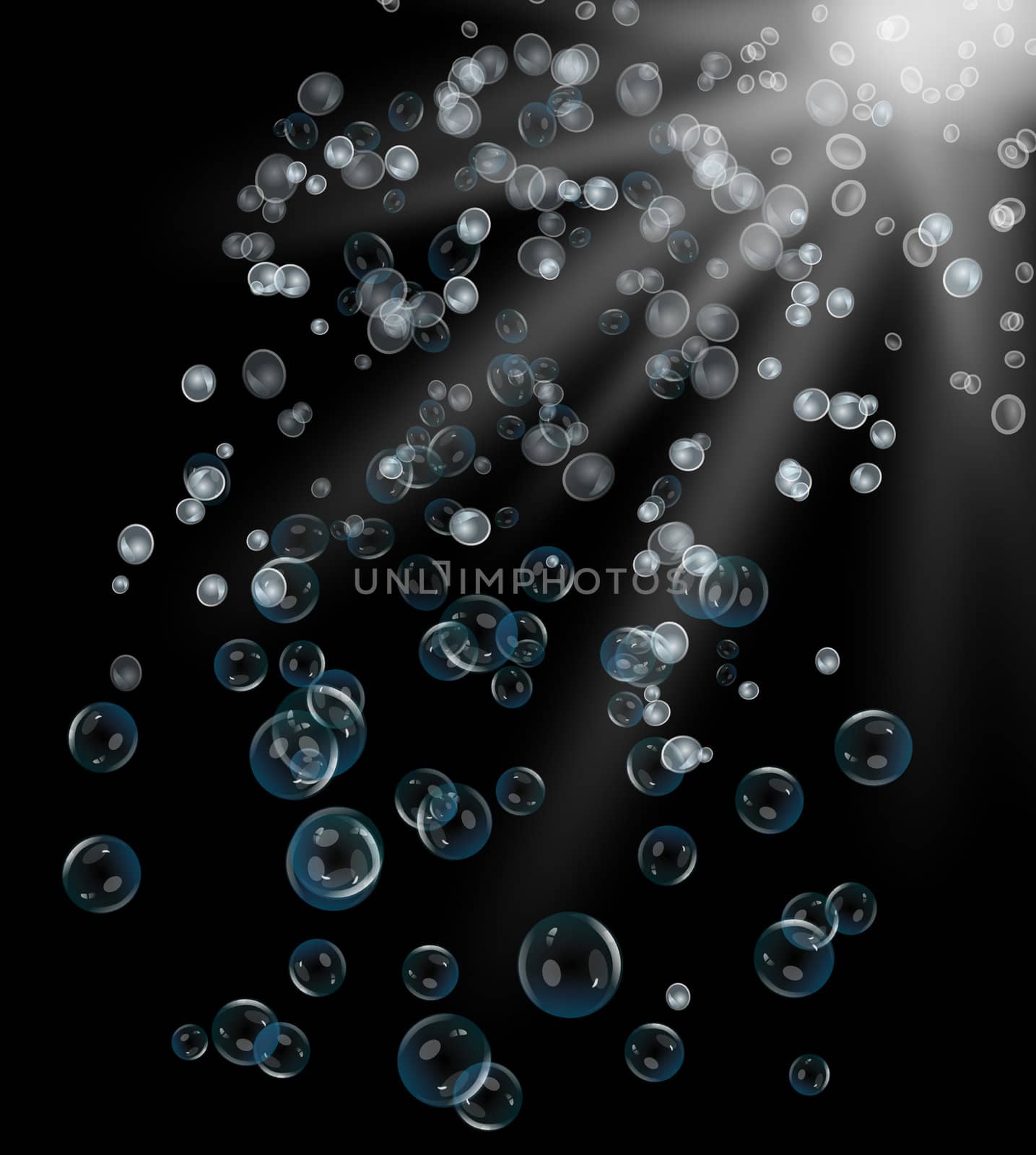 illustration depicting many air bubbles rising from the depths of a black body of water towards the surface.