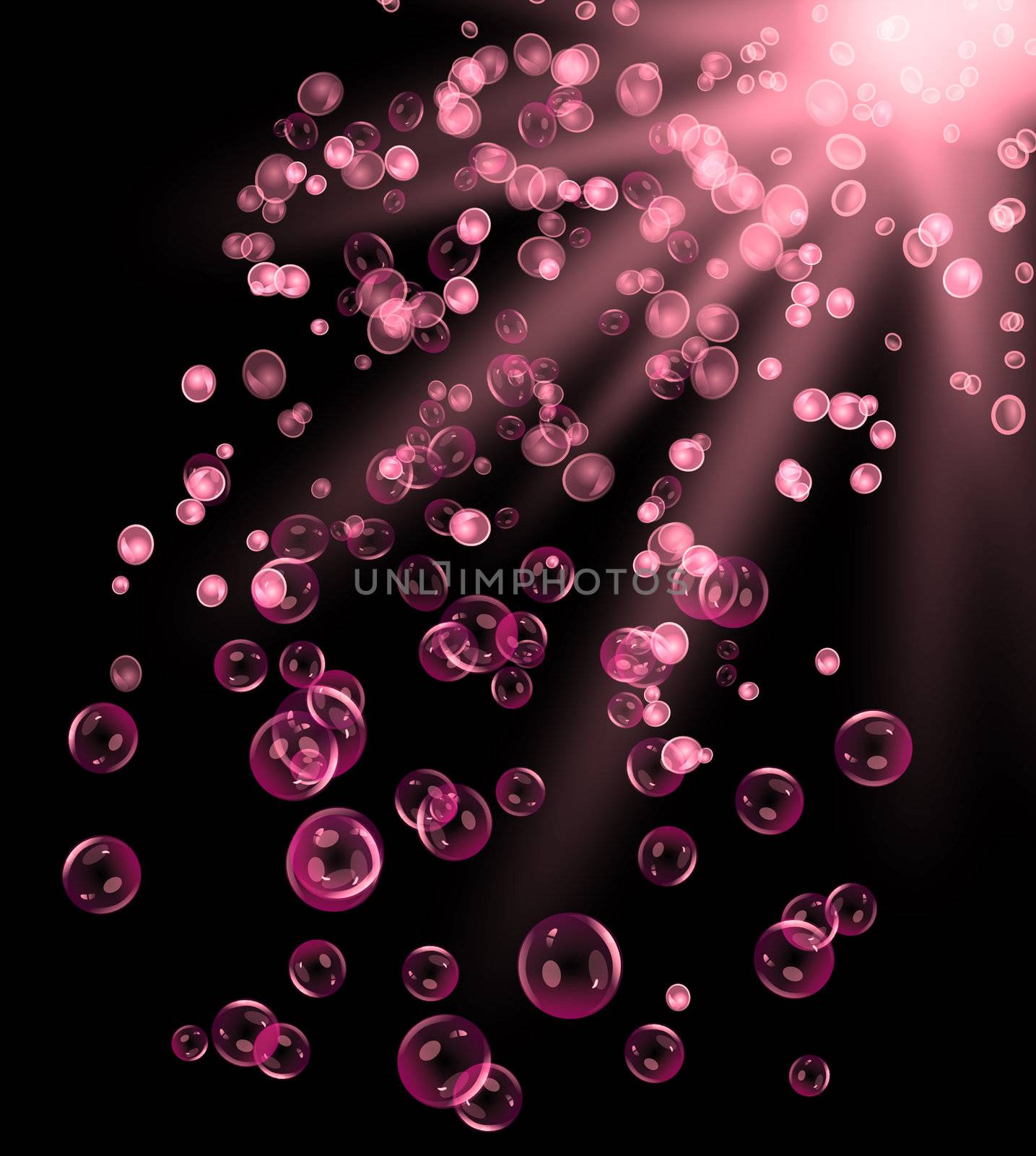 illustration depicting many pink air bubbles rising from the depths of a black body of water towards the surface.