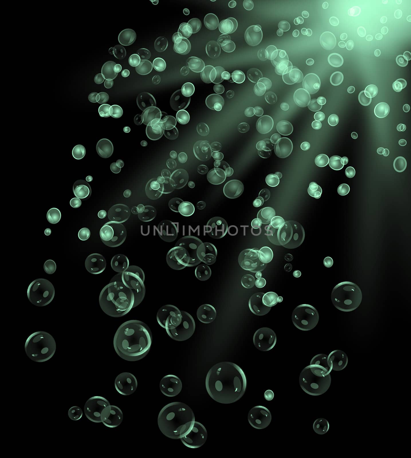 illustration depicting many green air bubbles rising from the depths of a black body of water towards the surface.