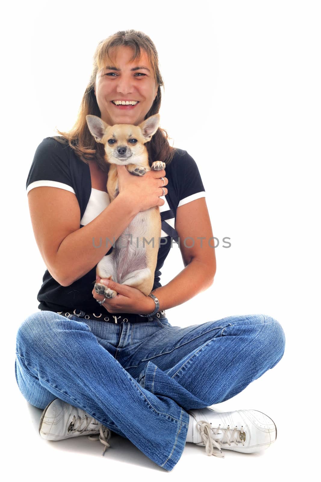 portrait of a woman and chihuahua in front of white background