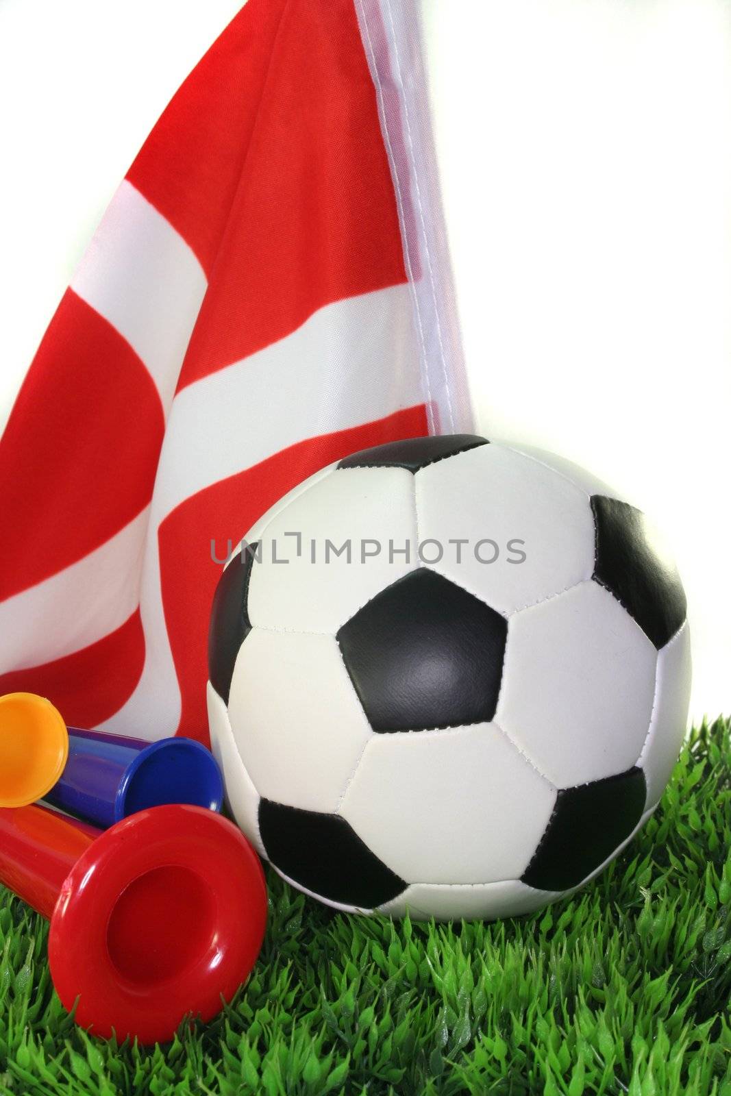 Flag of Denmark with soccer in a field