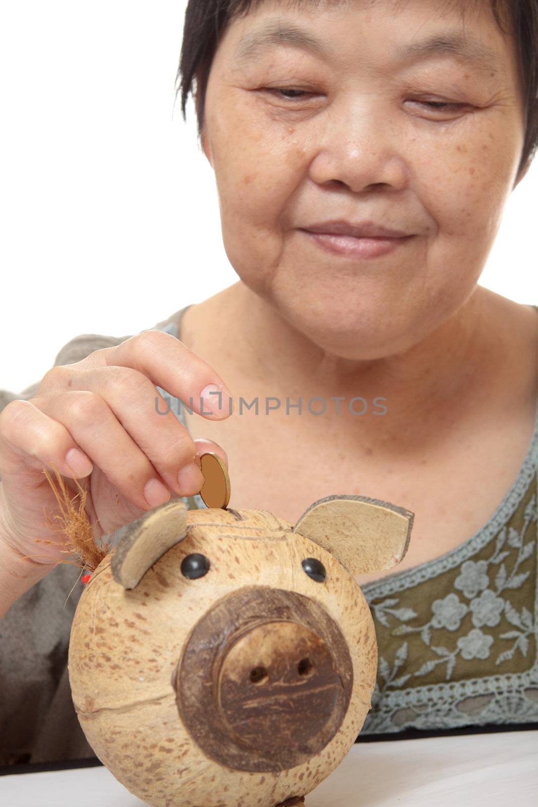 woman putting coins in small piggy bank. Selective focus, Copy s by cozyta