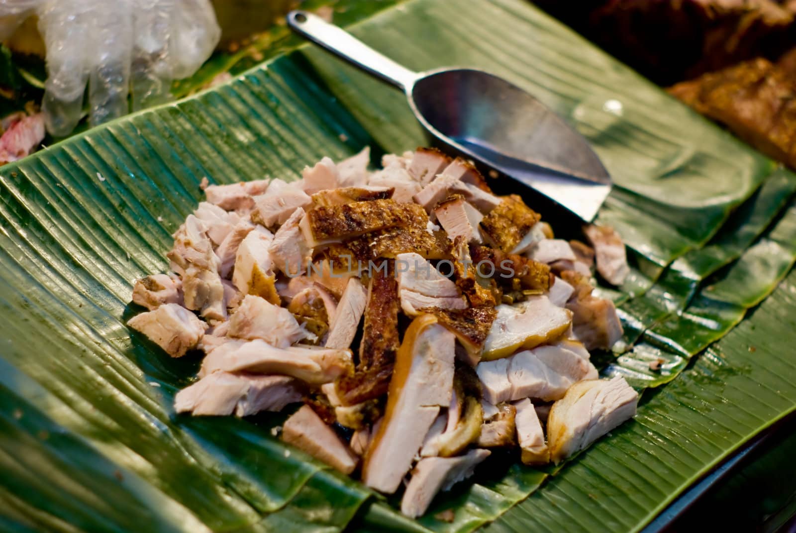 Crispy fried pork in the country market, Thailand