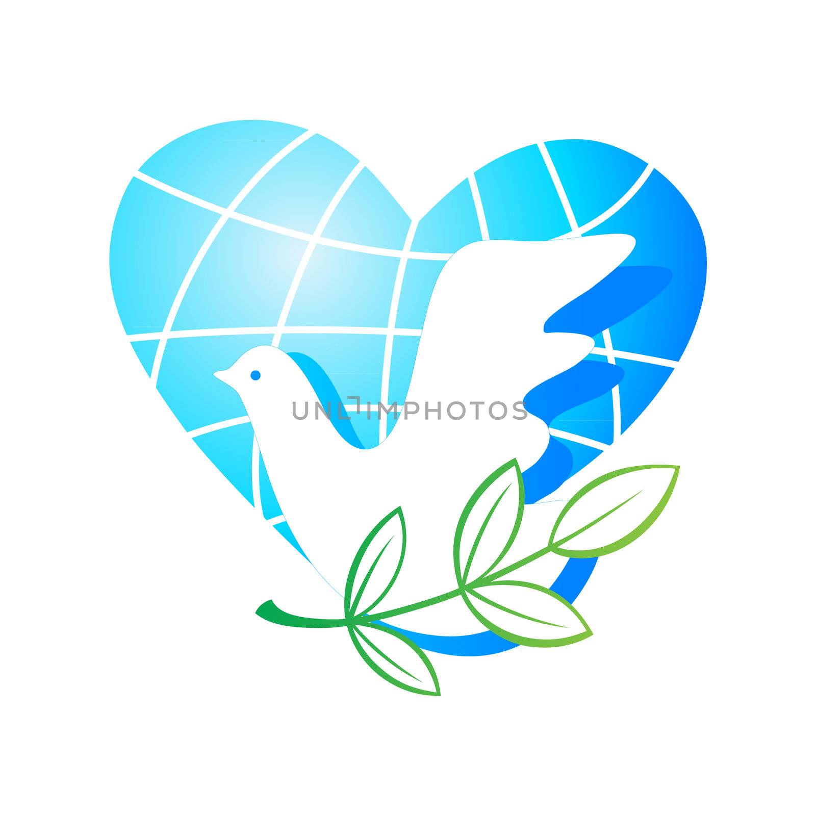 Peace on Earth - the traditional symbols - the planet of a heart, a dove with a green branch.