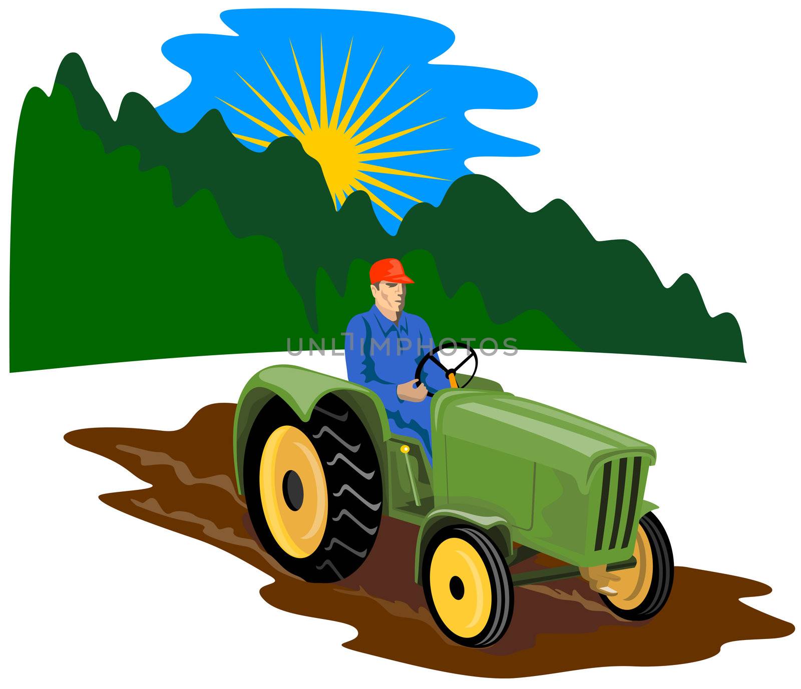 illustration of a vintage farm tractor on isolated background done in retro style