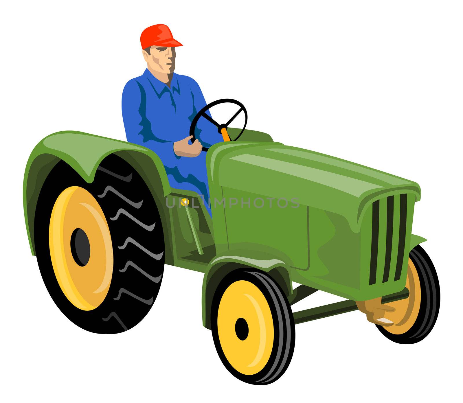 illustration of a vintage farm tractor on isolated background done in retro style