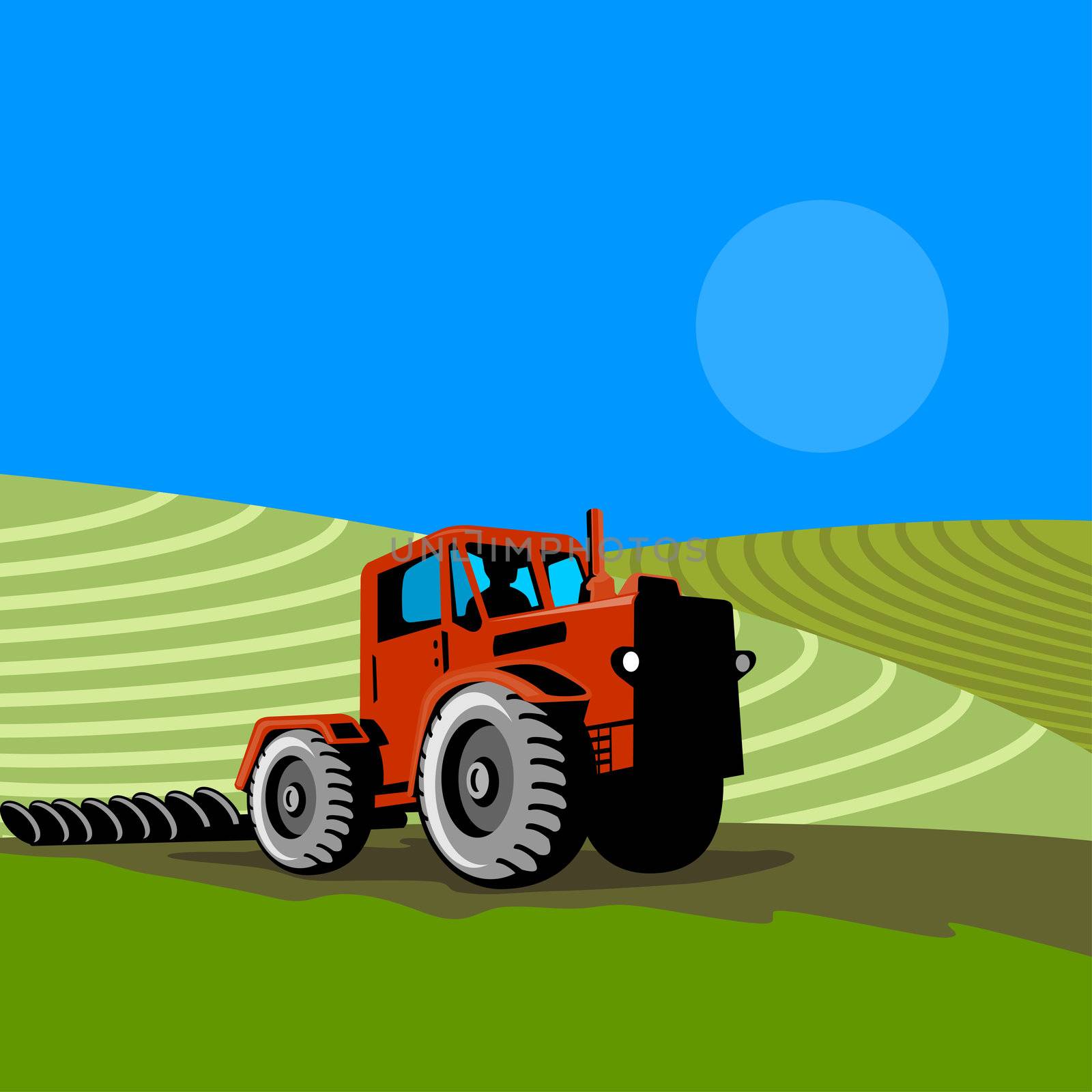 illustration of a vintage farm tractor on isolated background done in retro style