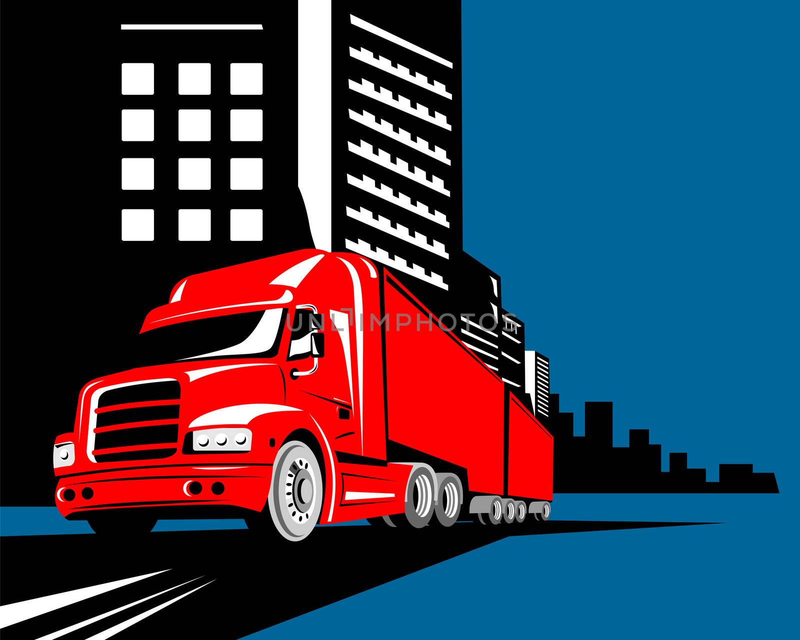 illustration of a container truck lorry done in retro stylewith buildings in background