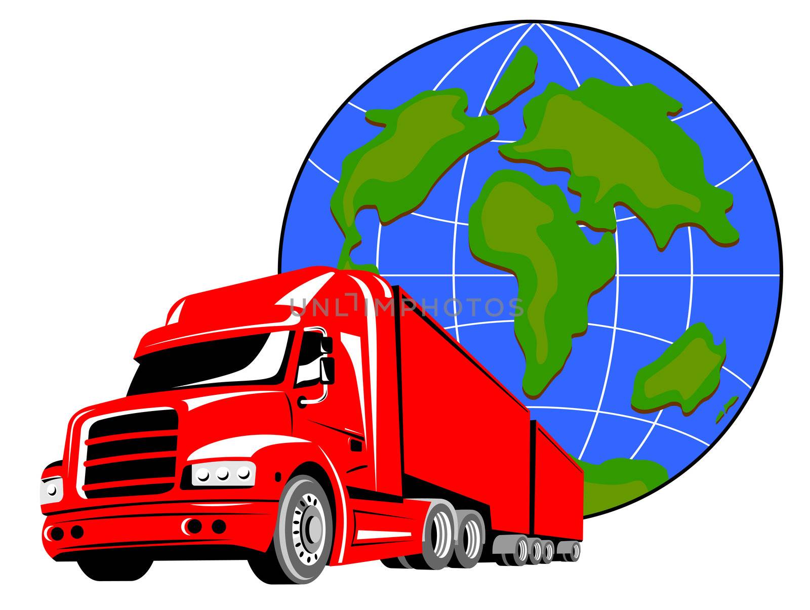 illustration of a container truck lorry done in retro style on isolated background with globe 