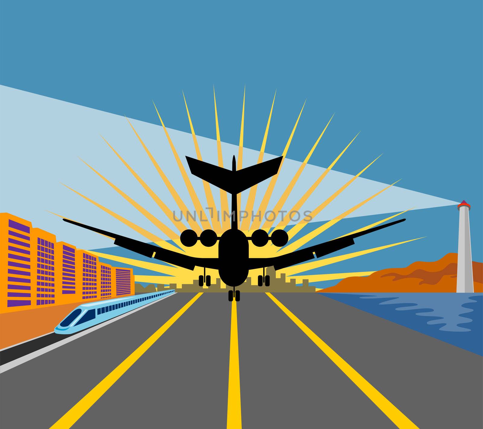 illustration of a commercial jet plane airliner taking off on runway airport with train and lighthouse isolated background