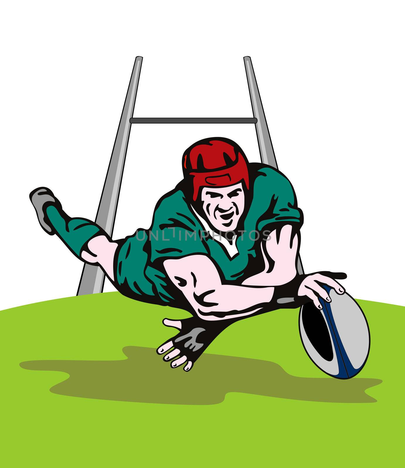 illustration of a rugby player scoring a try on isolated background  with goal post