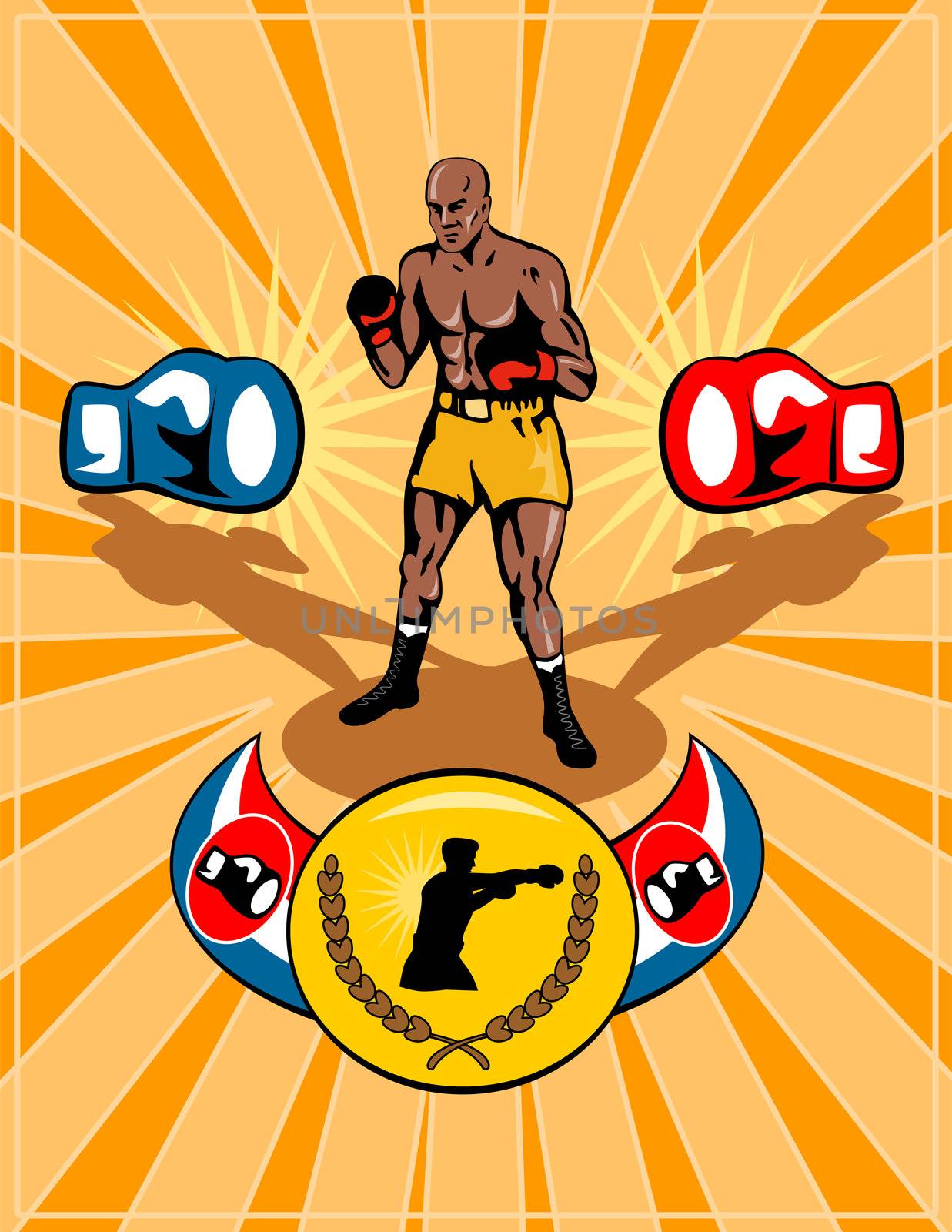 illustration of a boxer posing with gloves and championship belt retro style