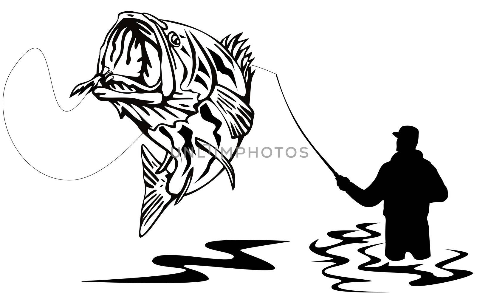 illustration of a largemouth bass jumping being hook by fisherman done in retro style