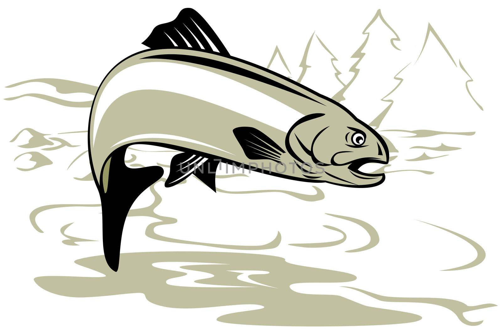 illustration of a trout fish jumping with river in background  done in retro style on isolated background