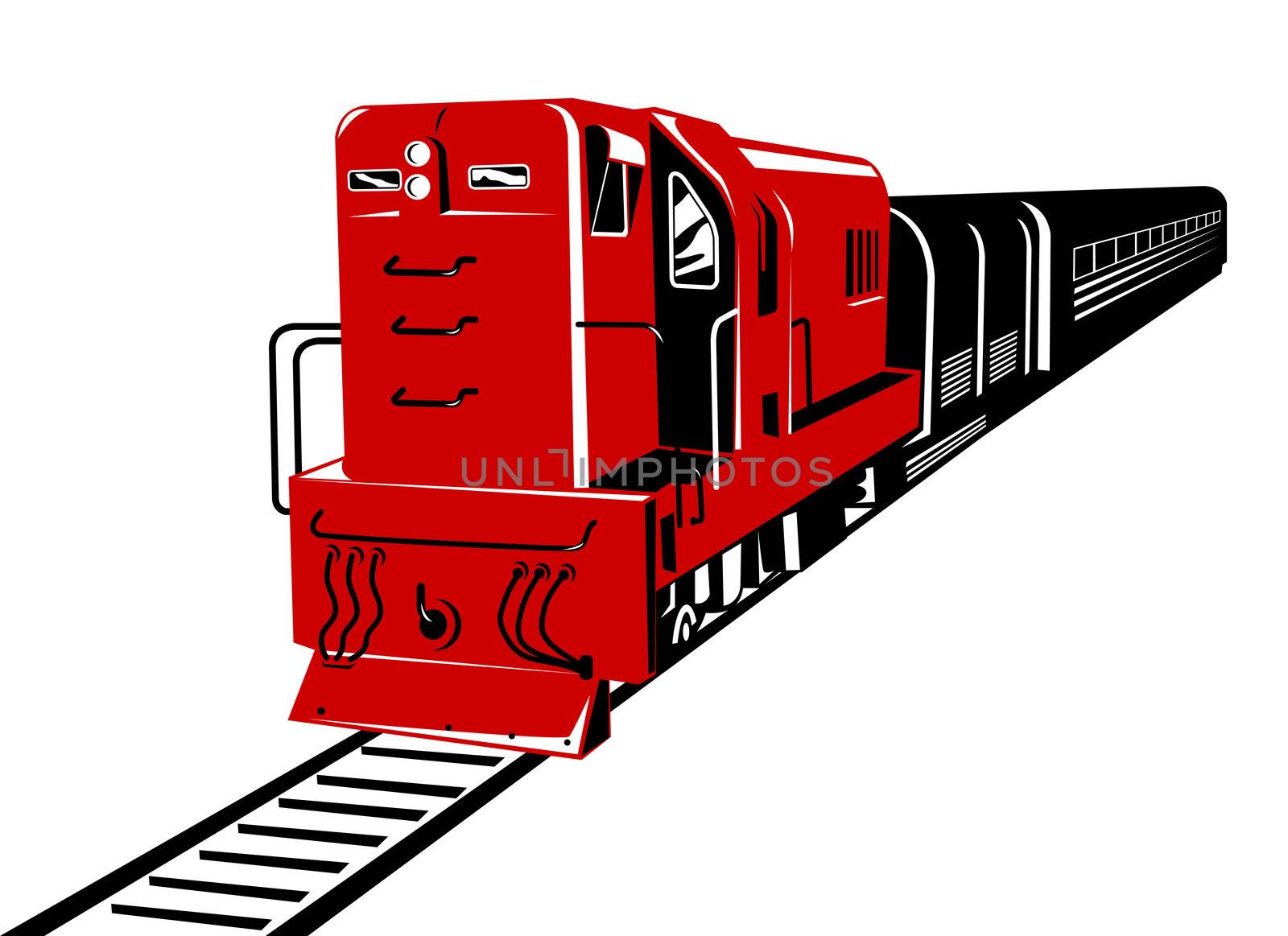 illustration of a diesel train locomotive coming up on railroad done in retro  style on isolated background