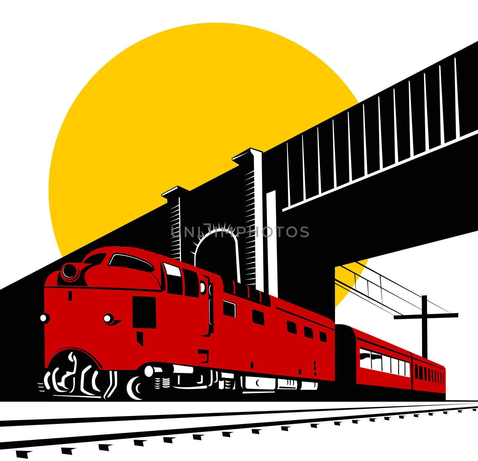 illustration of a diesel train locomotive passing under viaduct bridge done in retro  style on isolated background