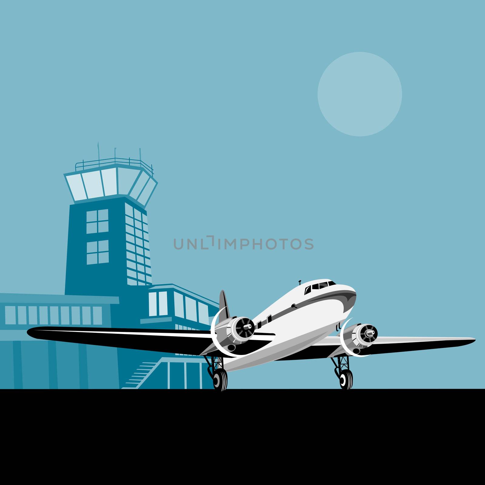 illustration of a propeller airplane airliner on runway airport  isolated background