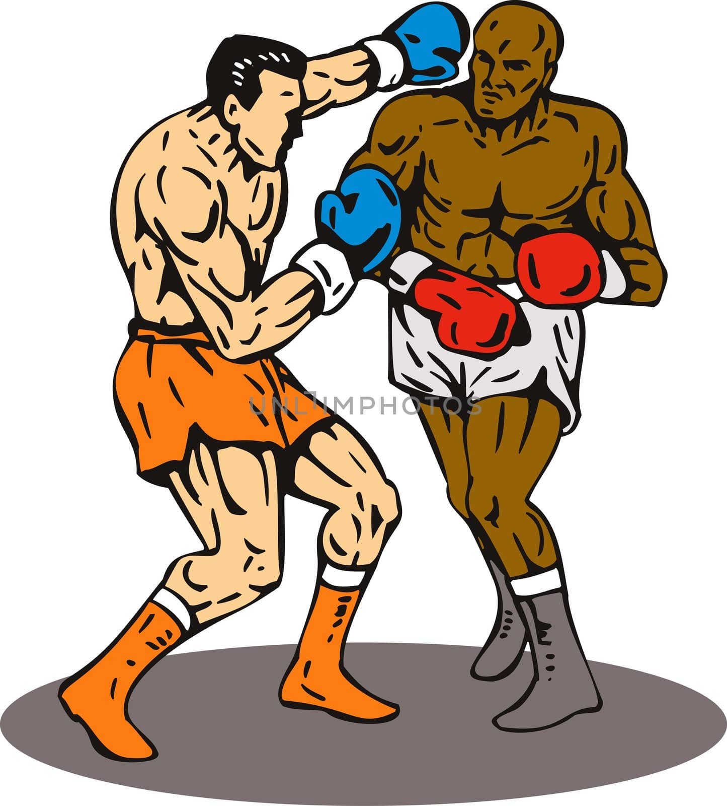 illustration of a boxer connecting a knockout punch retro style isolated on white