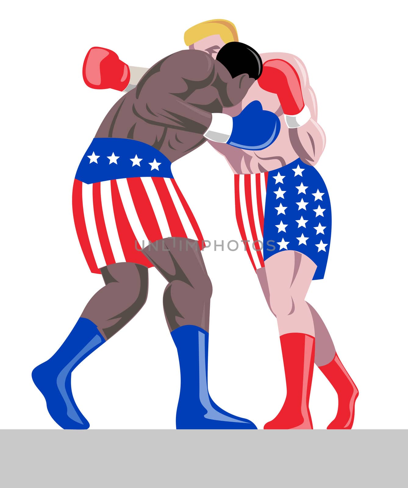 illustration of american boxer in stars and stripes connecting a knockout punch retro style isolated on white retro style