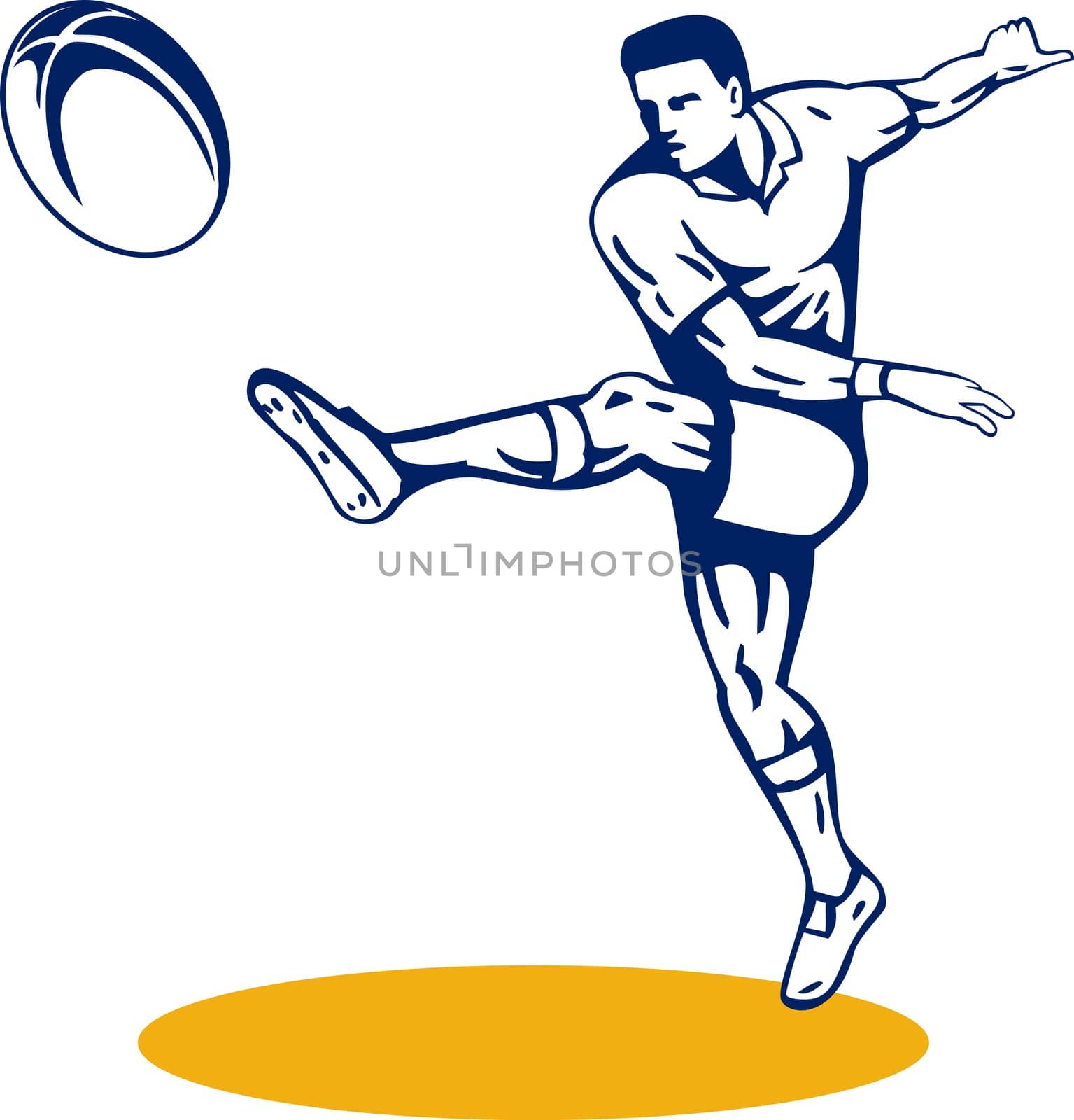 illustration of a rugby player kicking ball front view isolated background done in retro style