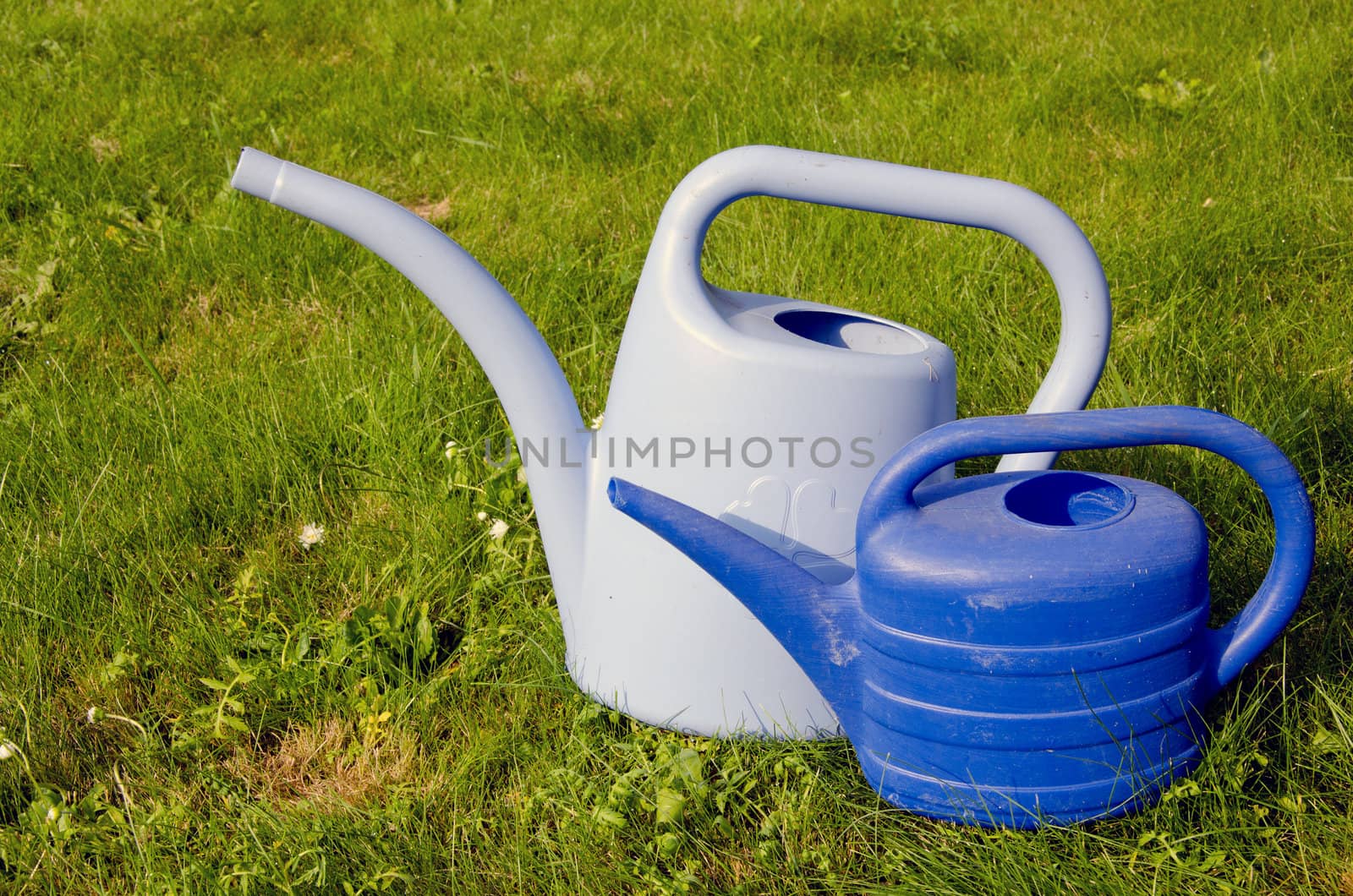 Two watering-cans blue and pale blue waiting for the drought.