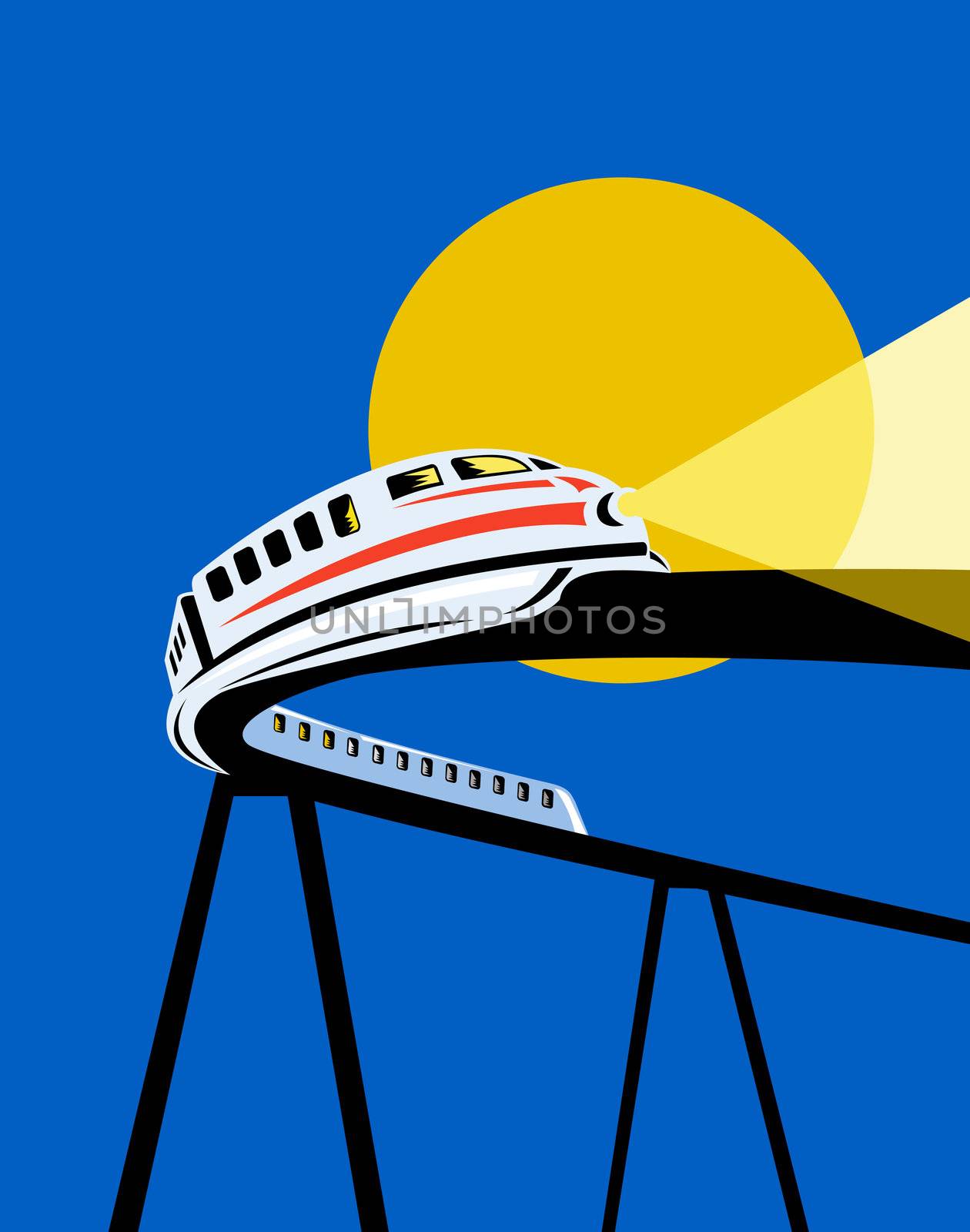 illustration of electric passenger monorail train locomotive coming up overhead track done in retro  style on isolated background