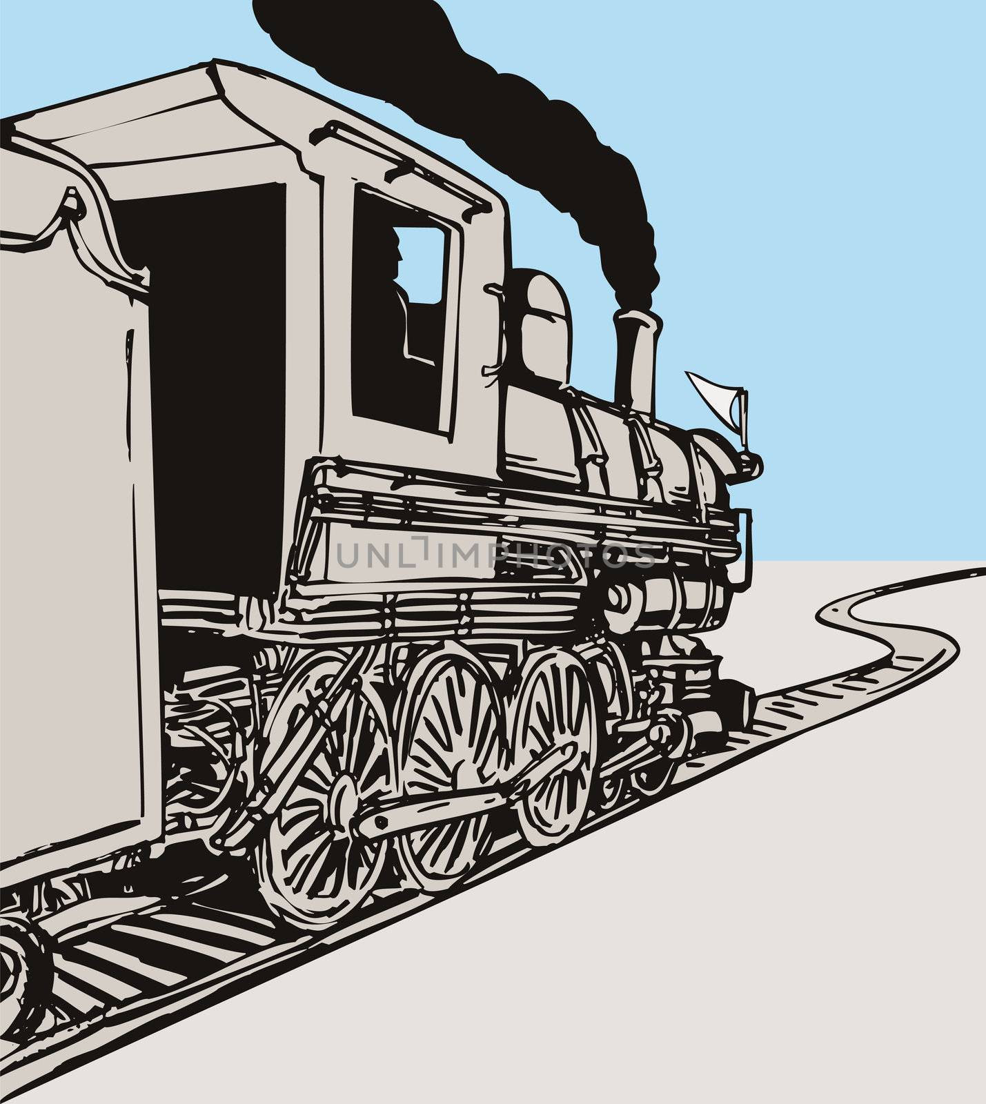 illustration of a steam train locomotive coming up on railroad done in retro style on isolated background viewed from rear side