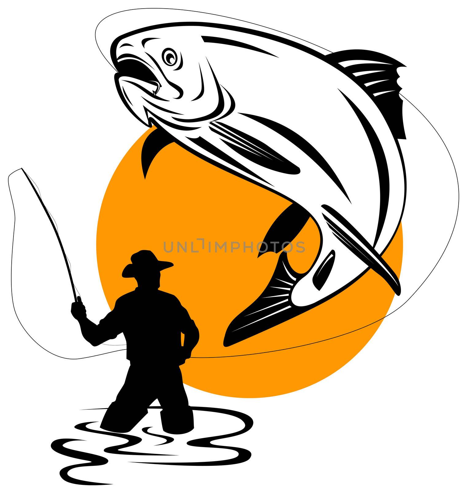 illustration of a trout fish jumping being reeled by fly fisherman done in retro style on isolated background