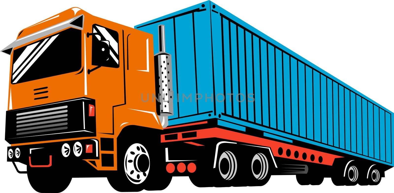 illustration of a container truck lorry done in retro style on isolated background viewed from low angle