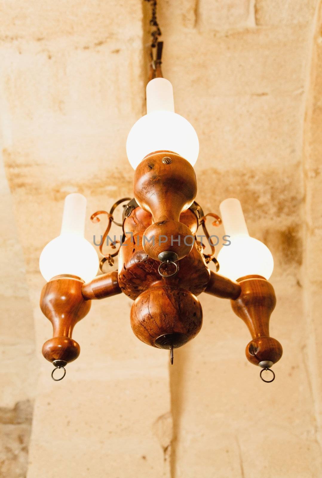 Hand made wood light fitting, three bulb holders, brass detailing