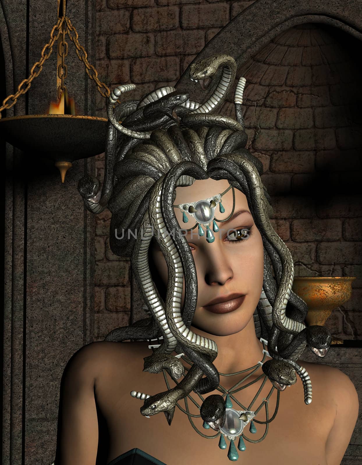 3D rendering of the medusa in front of Shrine